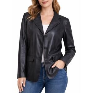 Croft & Barrow Black Lambskin Leather Blazer Jacket 3 Buttons Size M